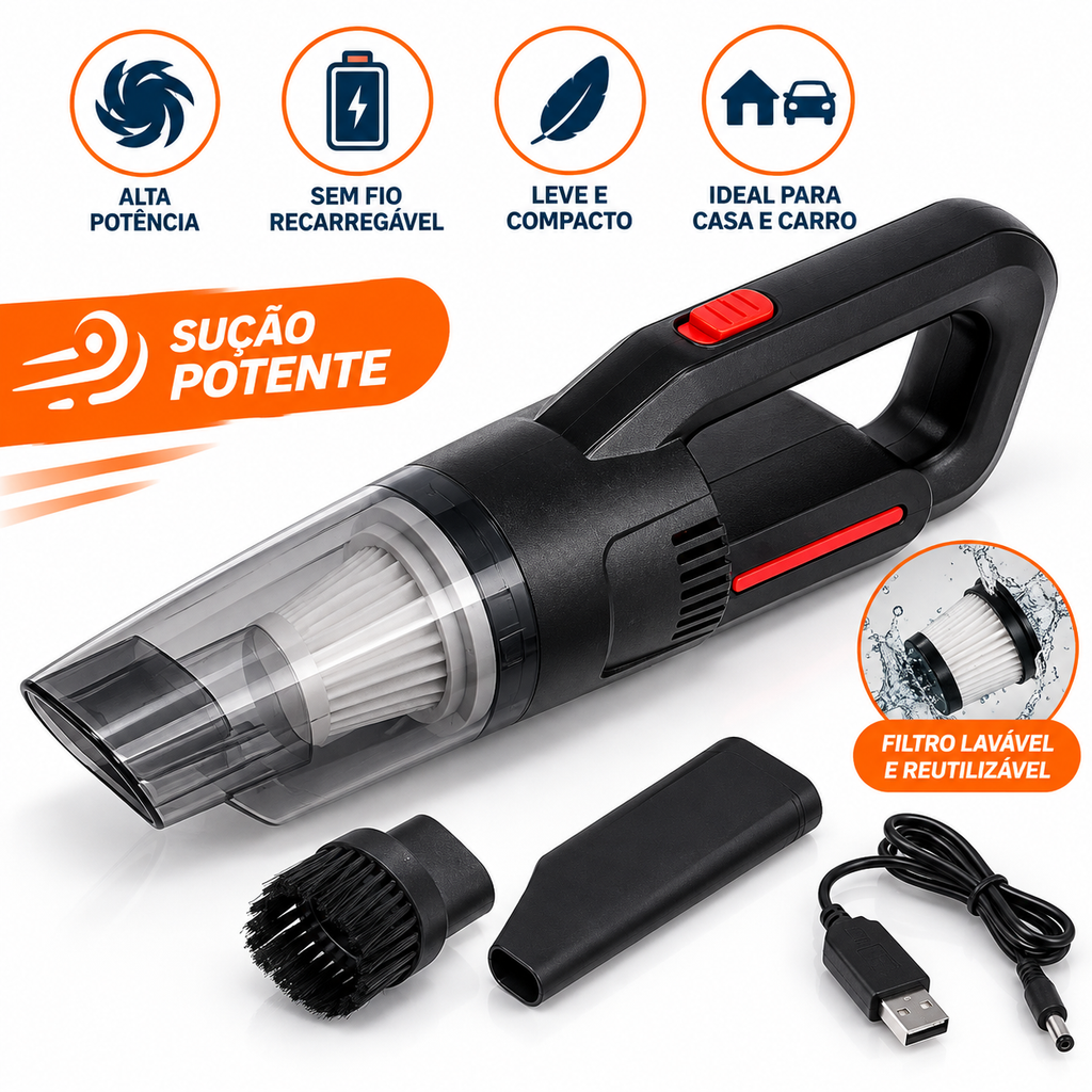 Aspirador Portátil Turbo Sem Fio – Alta Potência para Limpeza de Casa e Carro + Brinde (3 Pano de Microfibra)