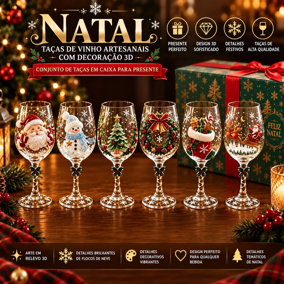 Conjunto de 6 Taças de Vinho Especial de Natal | Taças de Vidro 3D Natalinas