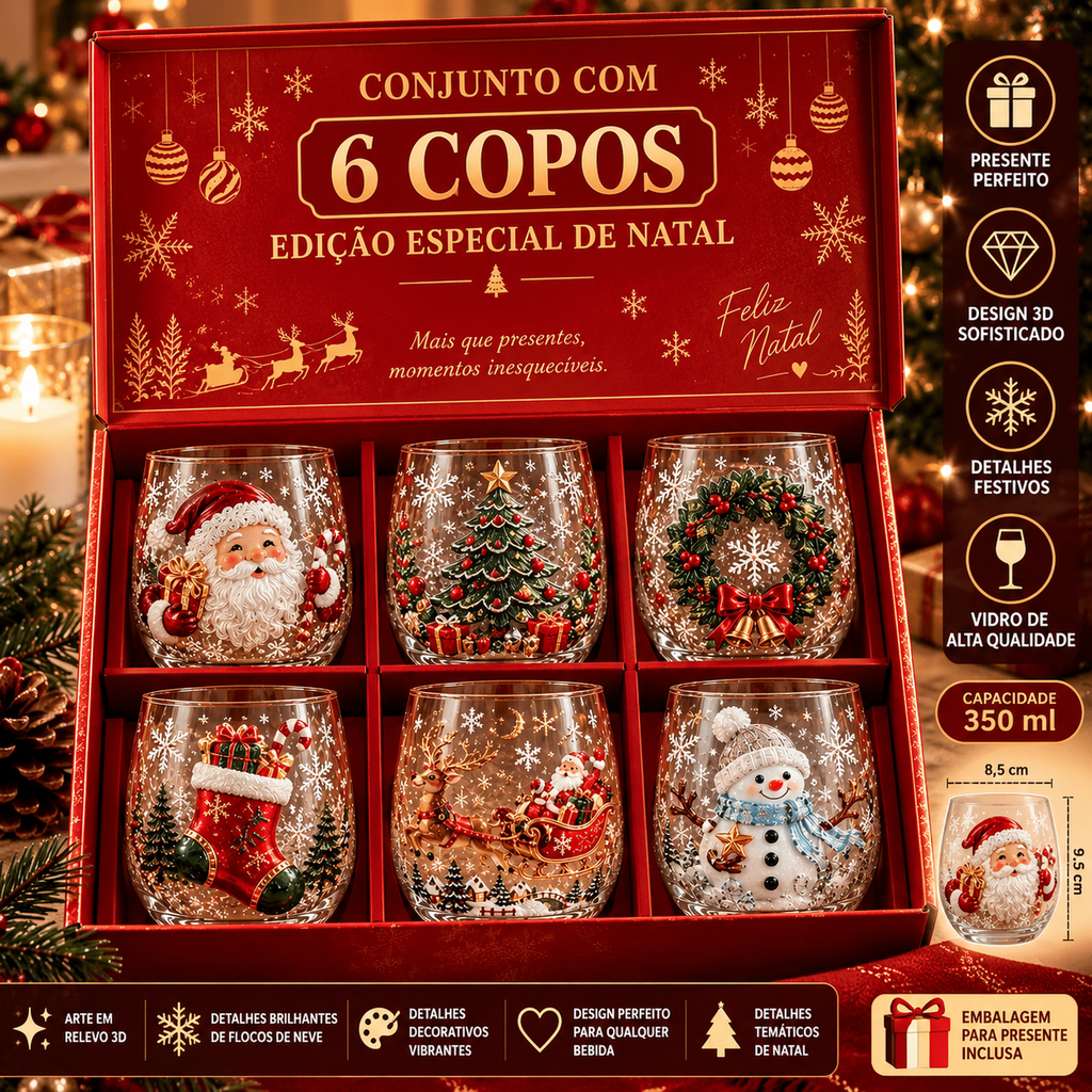 Conjunto de 6 Copos Natalinos 3D em Vidro com Caixa Presenteável | Coleção Especial de Natal