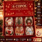 Conjunto de 6 Copos Natalinos 3D em Vidro com Caixa Presenteável | Coleção Especial de Natal