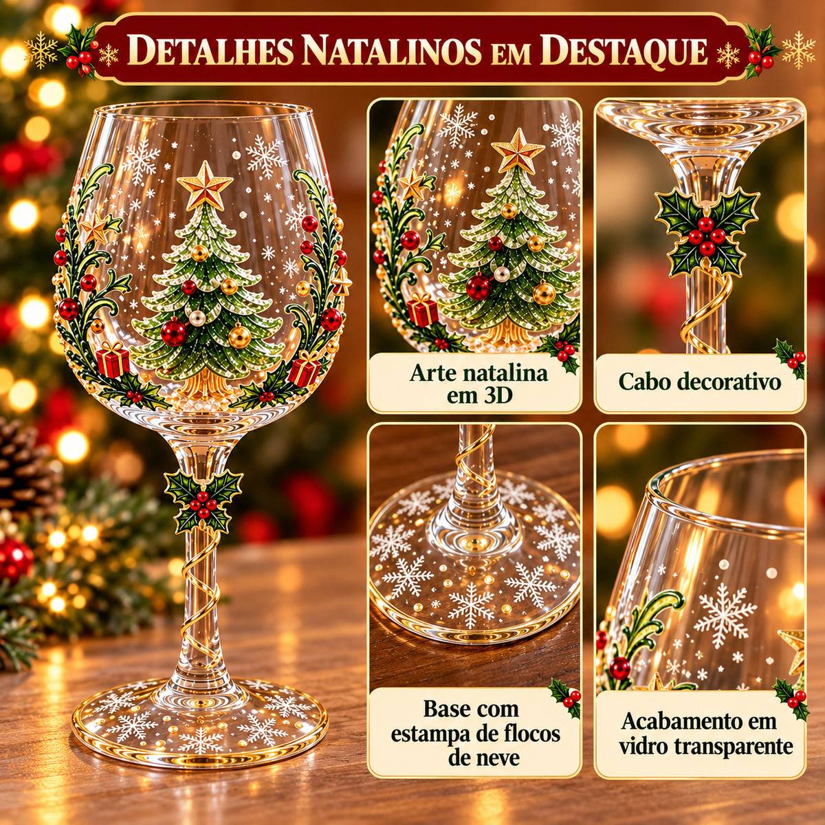 Conjunto de 6 Taças de Vinho Especial de Natal | Taças de Vidro 3D Natalinas