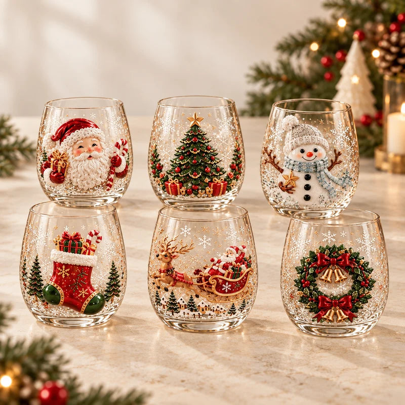 Conjunto de 6 Copos Natalinos 3D em Vidro com Caixa Presenteável | Coleção Especial de Natal