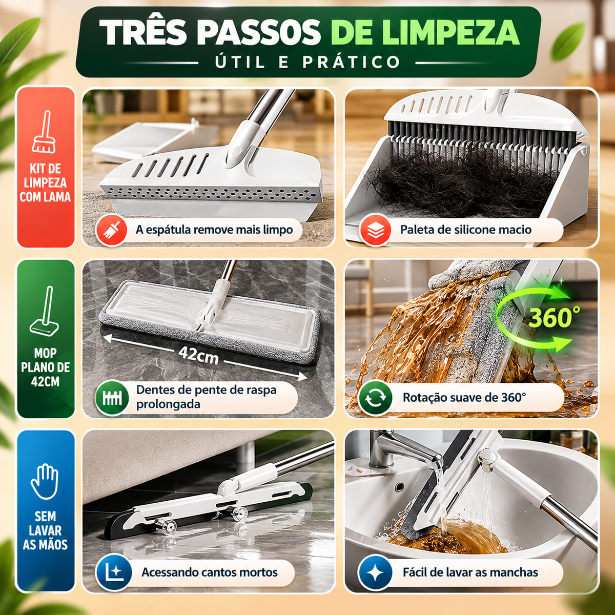 Select Mix™ — Kit de Limpeza Multifuncional com Mop, Rodo, Vassoura, Pá e Balde